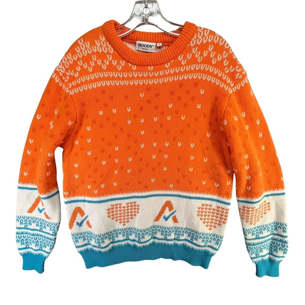 Roody Sweater Mens M Orange Heart Knit Pullover Ugly Christmas Ski Lodge‎